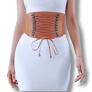 Womens Cinch Belt Camel Brown Back Snap Elastic Stretch Waist One Size‎